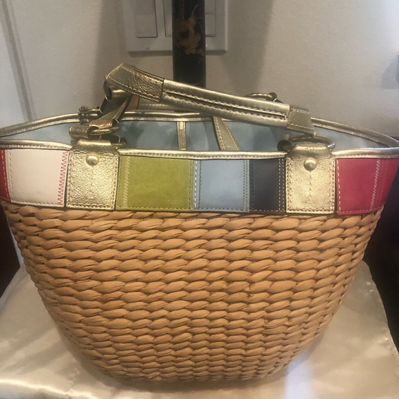 COACH LEATHER/STRAW SATCHEL BEACH TOTE NWOT VINTAGE! - Picture 12 of 15